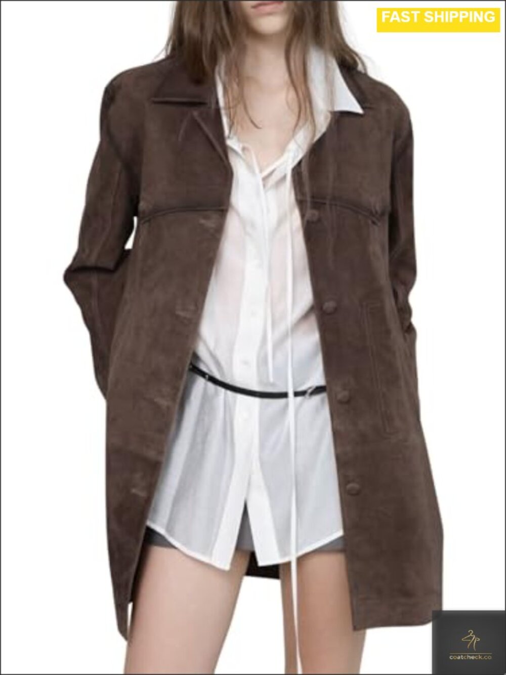 Faux Suede Leather Shacket Mid Long Button Down Jacket